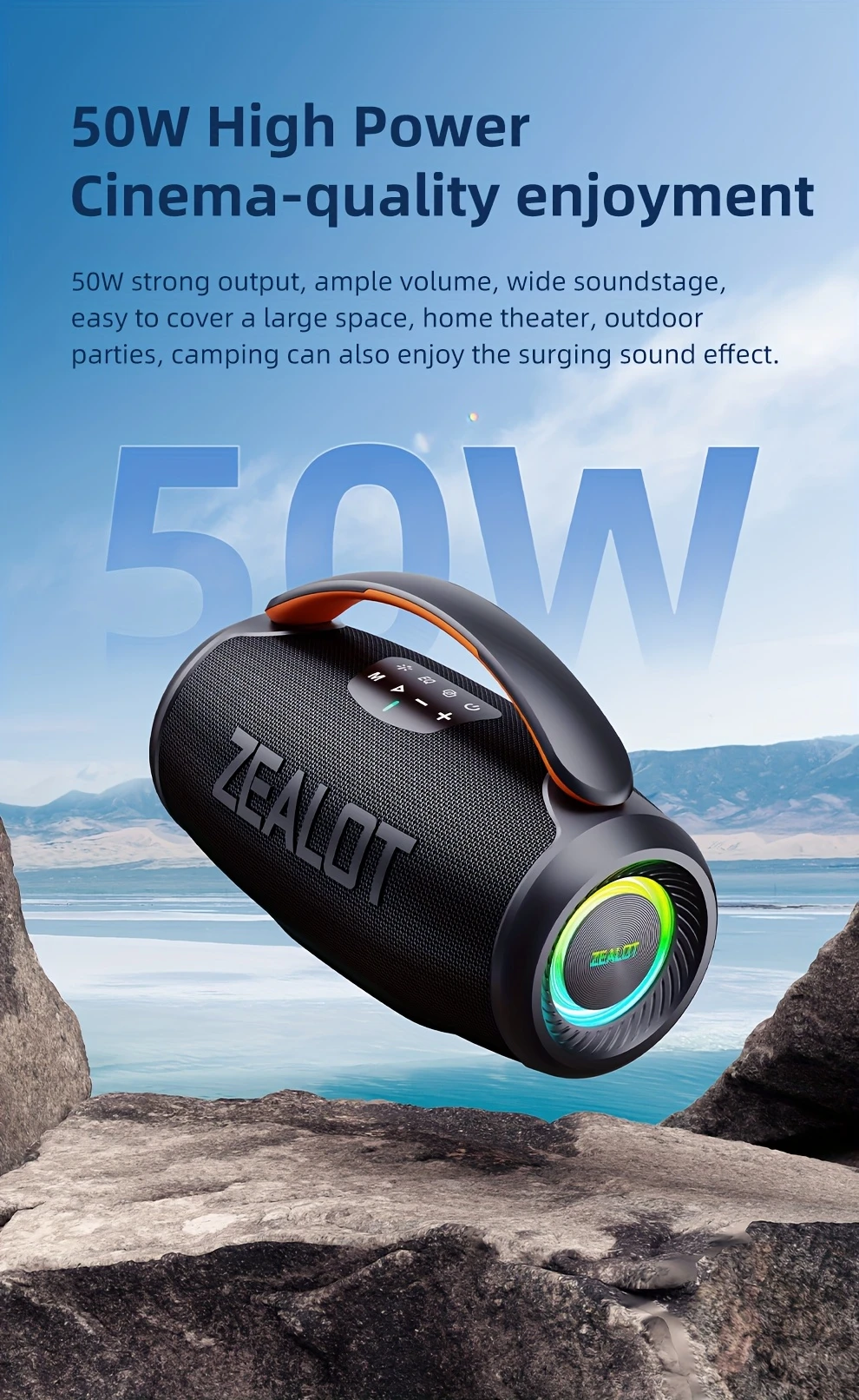   p11 50w wireless portable speaker with dual bass speakers ipx5 long   rgb lighting   of playtime   audio supports phone tablet tv connection sd card usb aux compatible hands free calling ideal for indoor party stage use   system modern speaker design durable build quality wireless speaker details 2