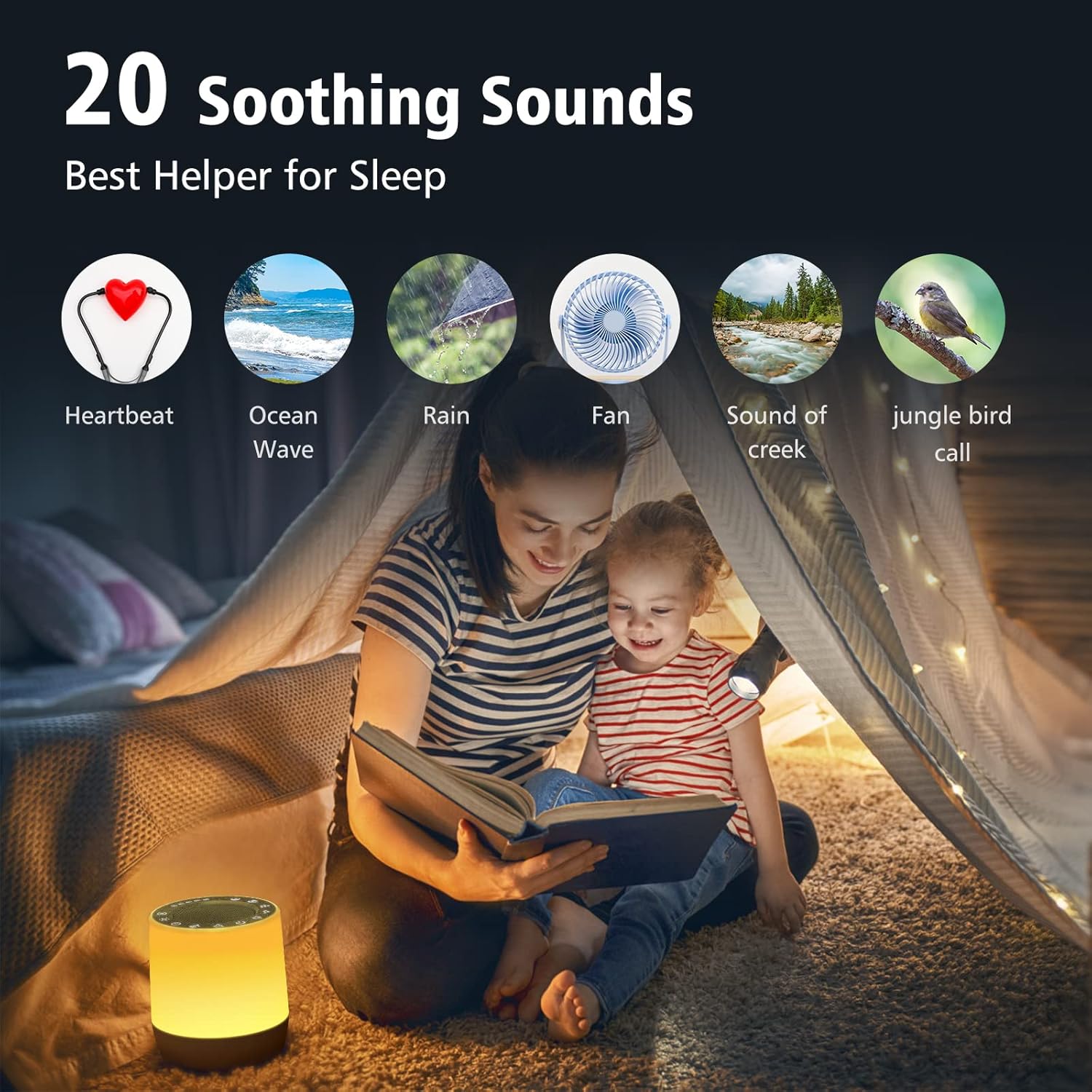 Sleep Sound Machine with 20 Soothing Sounds, 6-Color Night Light, 4 Adjustable Timers