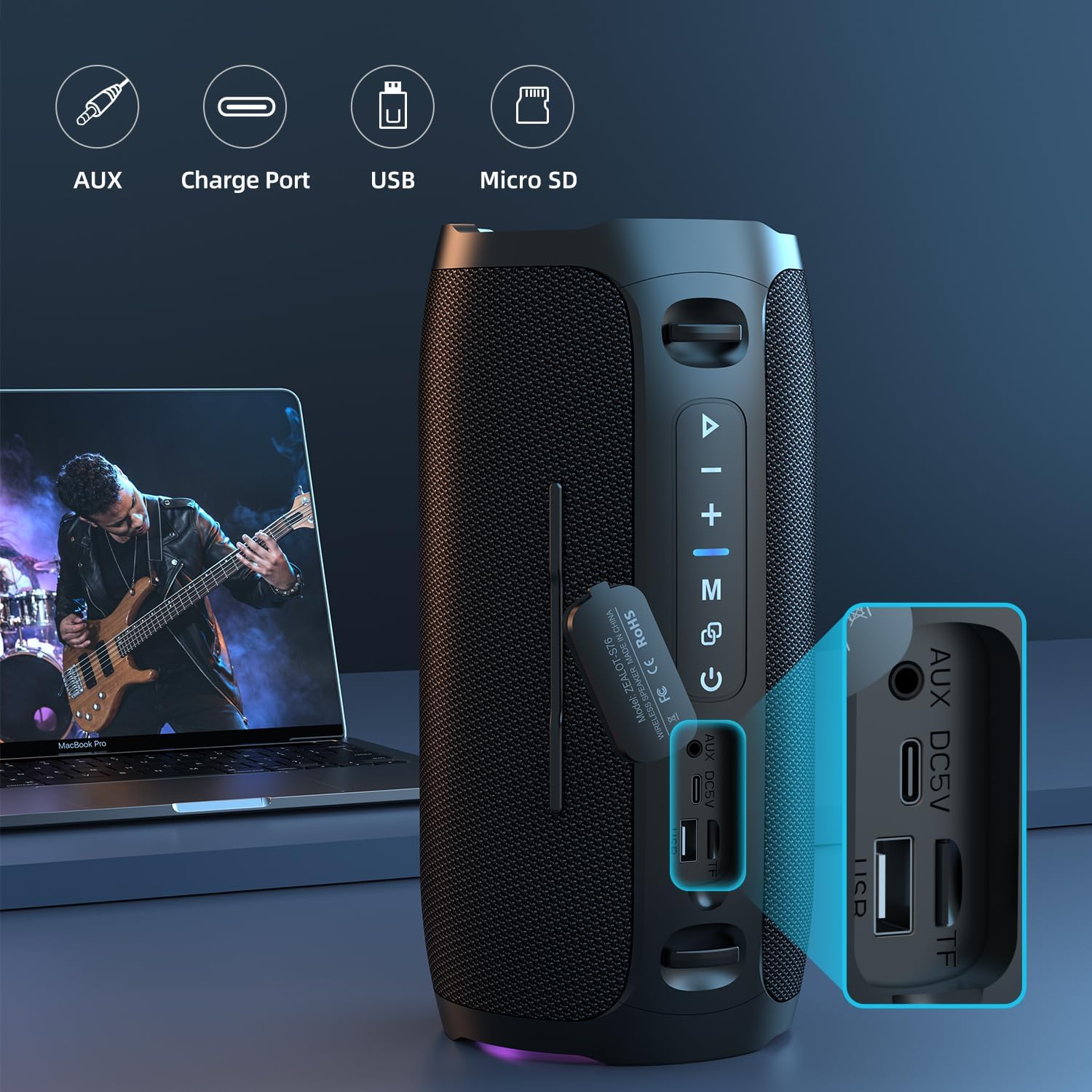 Portable Bluetooth speaker, vibration sound effect, with LED light, free speaker