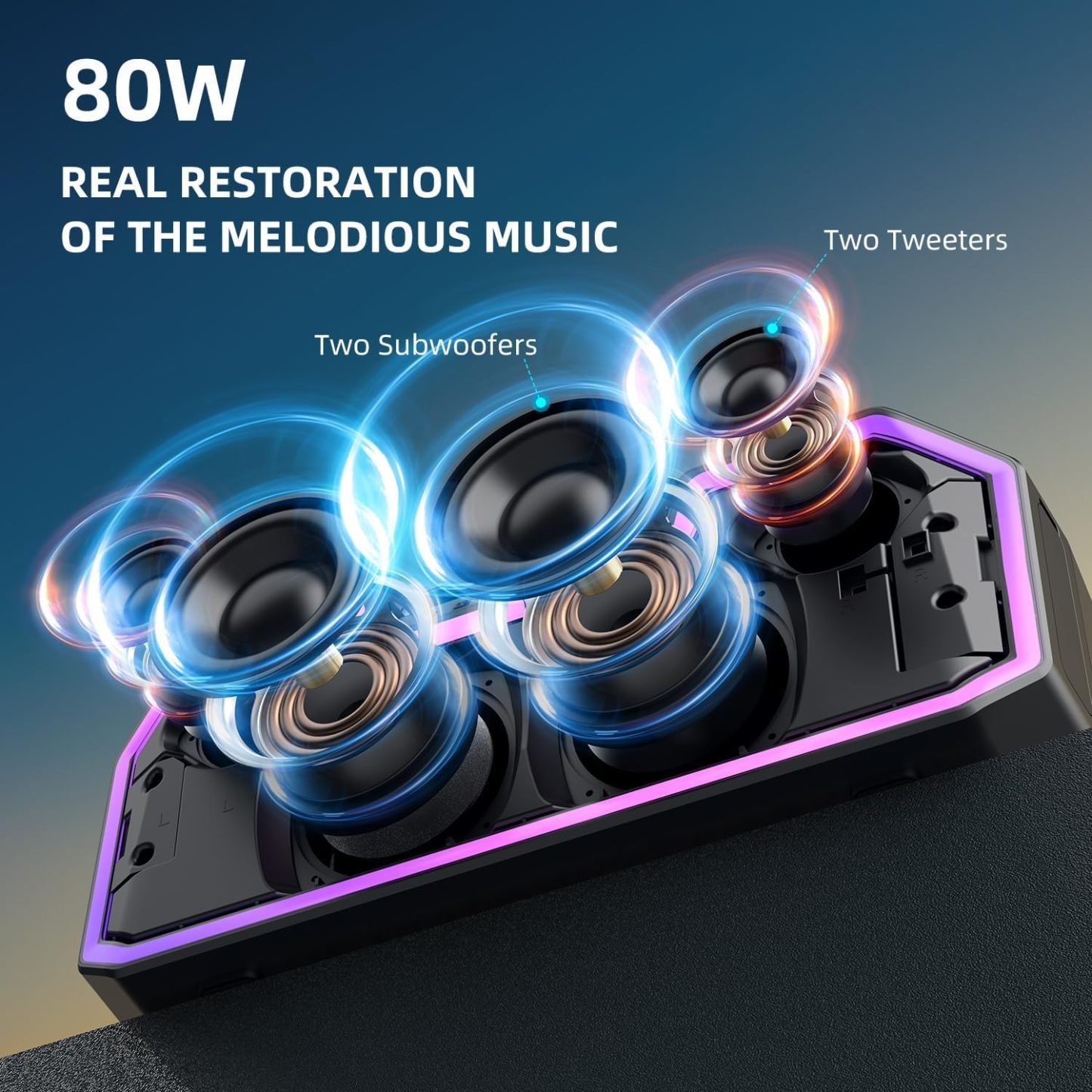 Bluetooth speaker, 80W wireless speaker with dual pairing function, extra large battery