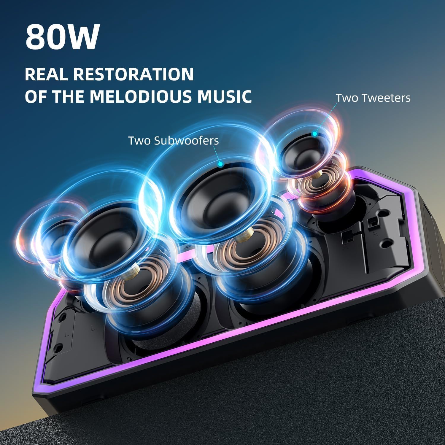 Bluetooth speaker, 80W wireless speaker with dual pairing function, extra large battery
