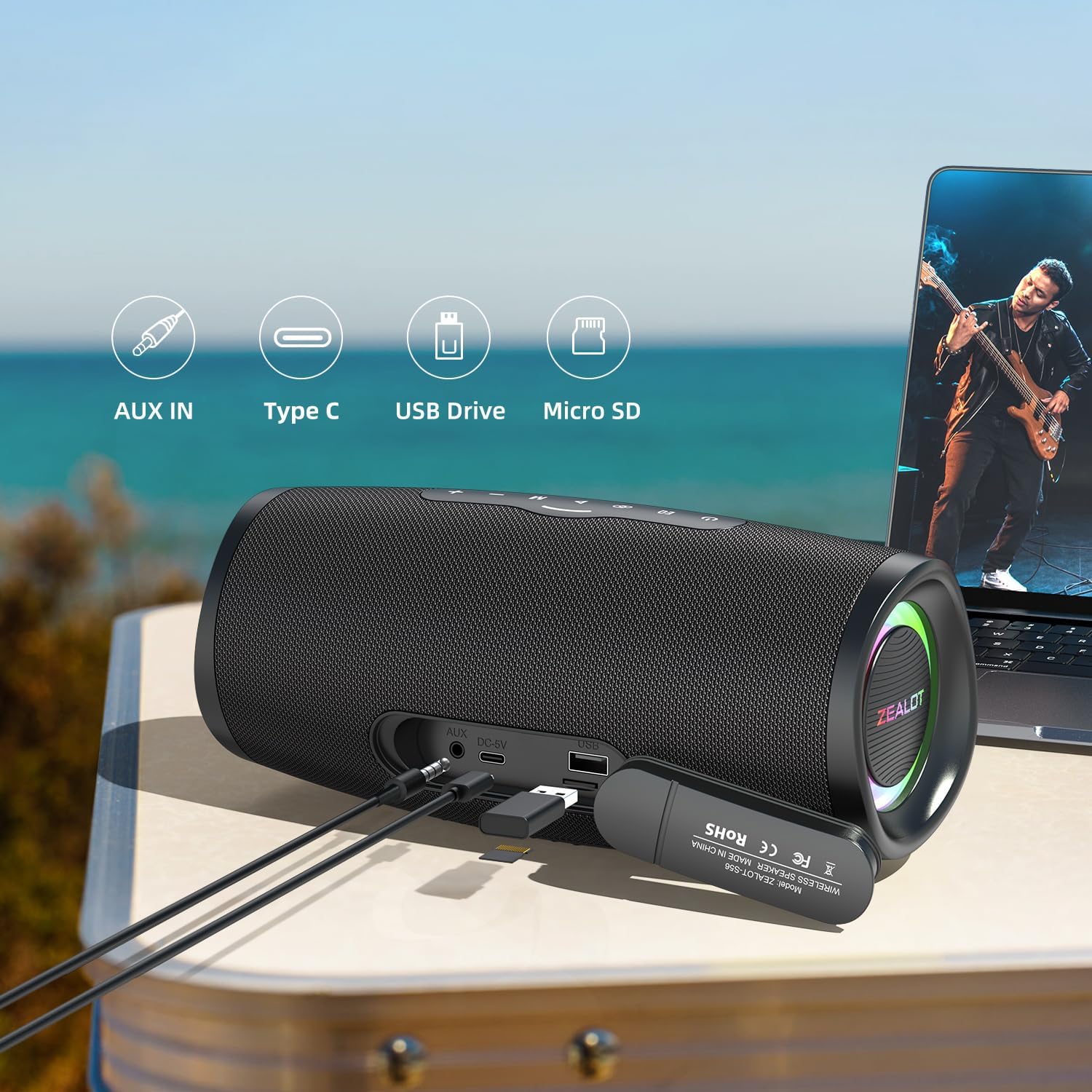 BassUp technology, portable wireless waterproof Bluetooth speaker,
