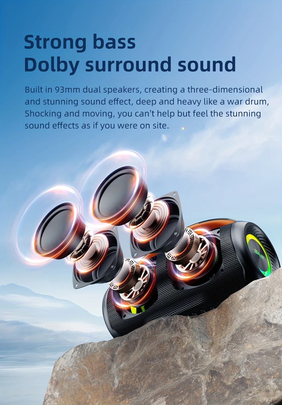   p11 50w wireless portable speaker with dual bass speakers ipx5 long   rgb lighting   of playtime   audio supports phone tablet tv connection sd card usb aux compatible hands free calling ideal for indoor party stage use   system modern speaker design durable build quality wireless speaker details 1
