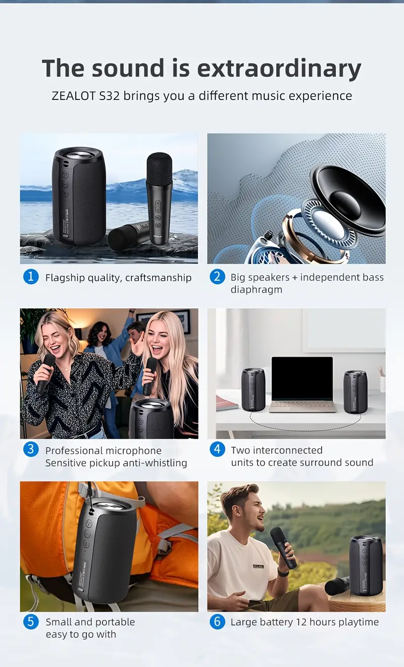   s32 wireless speaker with dual karaoke microphones 5  mnidirectional sound 1800mah battery 12 hours playtime tws dual pairing   bass for parties and entertainment karaoke microphone modern speaker design compact size details 1