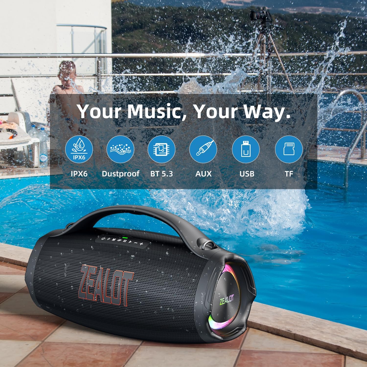 Large Bluetooth Speaker, Portable Speaker with Subwoofer, Wireless Pair/Fast Charging