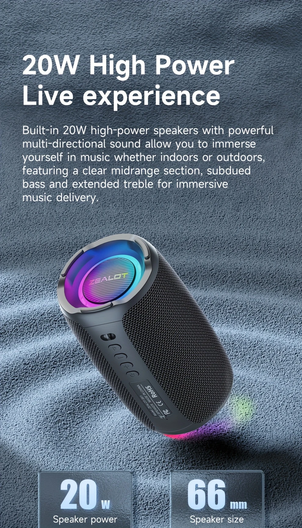   s61 20w high power wireless speaker with built in 3600mah battery and rgb lighting compatible with memory card usb stick aux tws stereo bass subwoofer hands free calling support connection of mobile phone tablet tv computer suitable for car indoor   riding details 1