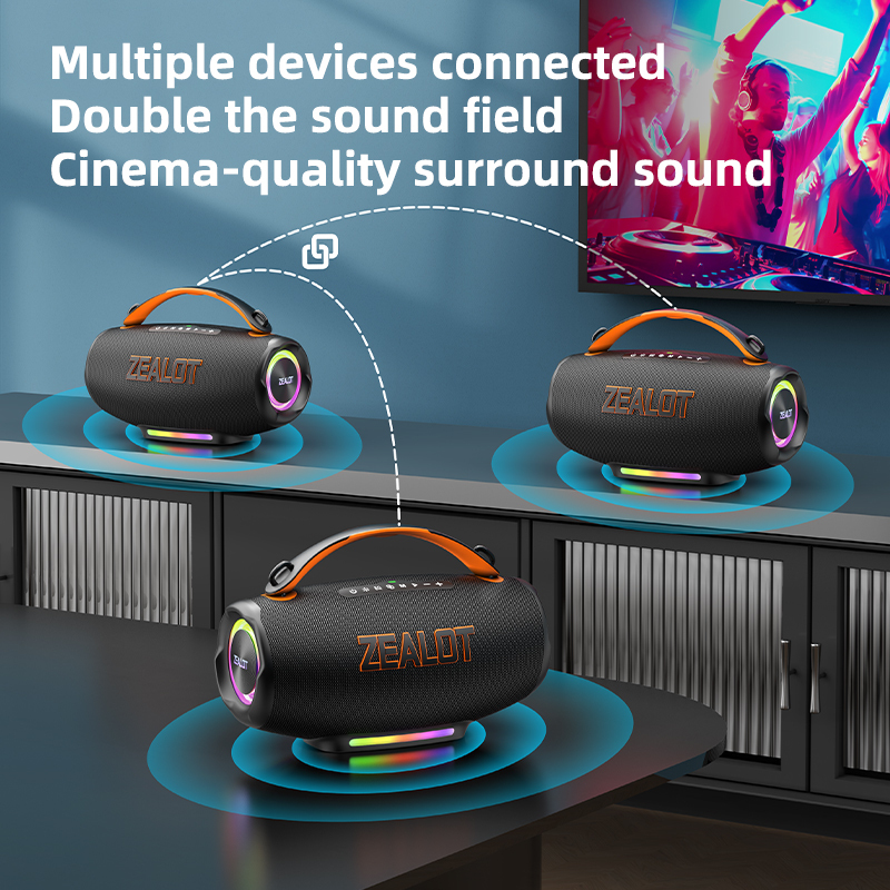 Portable subwoofer with dual-device interconnection and pairing capabilities.