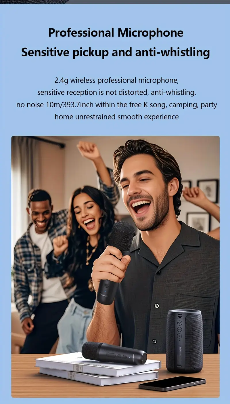   s32 wireless speaker with dual karaoke microphones 5  mnidirectional sound 1800mah battery 12 hours playtime tws dual pairing   bass for parties and entertainment karaoke microphone modern speaker design compact size details 3