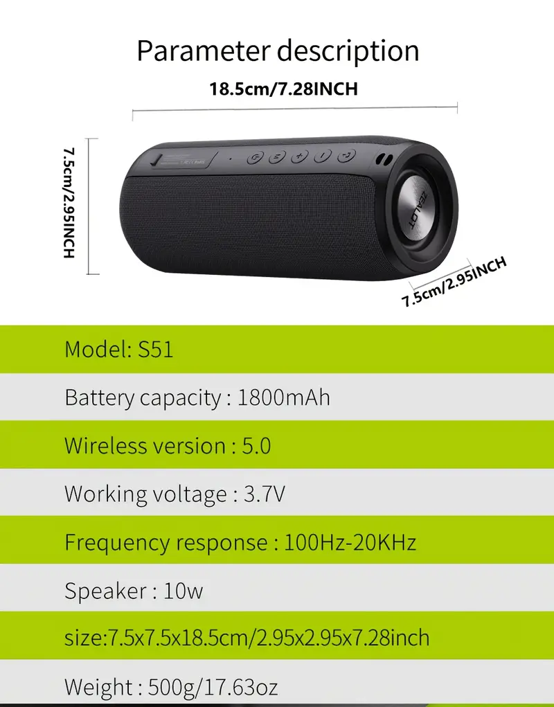   s51 10w portable wireless speaker with dual pairing 10h playtime   bass 1800mah battery usb c charging aux cable   for phone tablet tv details 13