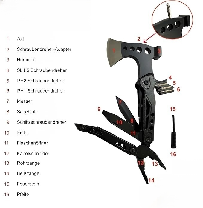  Multitool – kompakt – 16 Funktionen – inkl. Hammer & Axt – für Outdoor- & Survival-Enthusiasten, Bushcrafter, Camper, Jäger, Angler, Heimwerker oder Wanderer – tolle Geschenkidee für Männer