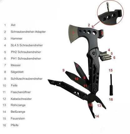  Multitool – kompakt – 16 Funktionen – inkl. Hammer & Axt – für Outdoor- & Survival-Enthusiasten, Bushcrafter, Camper, Jäger, Angler, Heimwerker oder Wanderer – tolle Geschenkidee für Männer