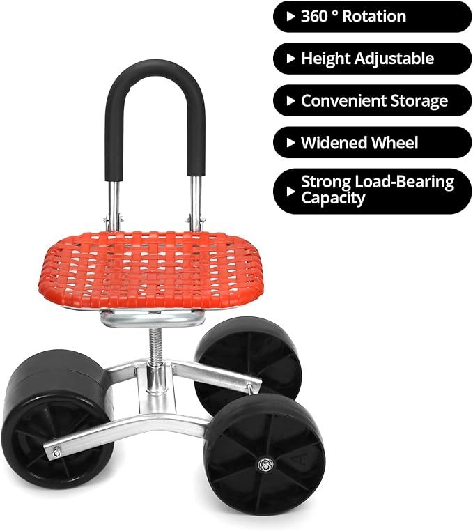  gartenhocker mit Rollen, Rollsitz für Gartenarbeit, 360 ° Drehbarer, Rot, Höhenverstellbar, für Haushalt und Garten