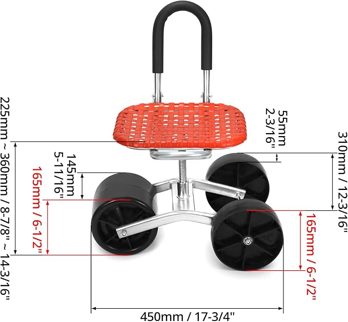  gartenhocker mit Rollen, Rollsitz für Gartenarbeit, 360 ° Drehbarer, Rot, Höhenverstellbar, für Haushalt und Garten