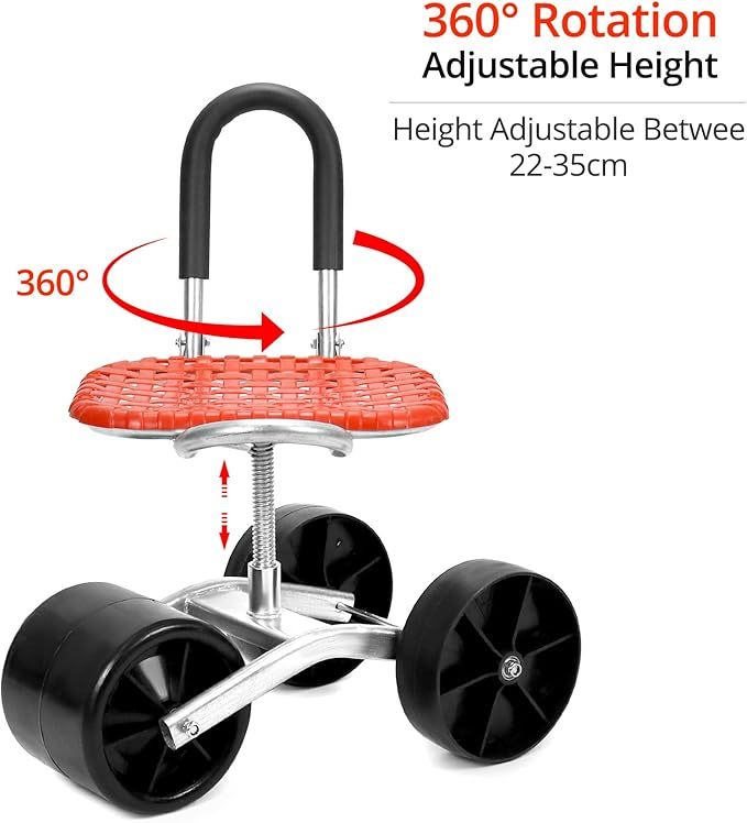  gartenhocker mit Rollen, Rollsitz für Gartenarbeit, 360 ° Drehbarer, Rot, Höhenverstellbar, für Haushalt und Garten