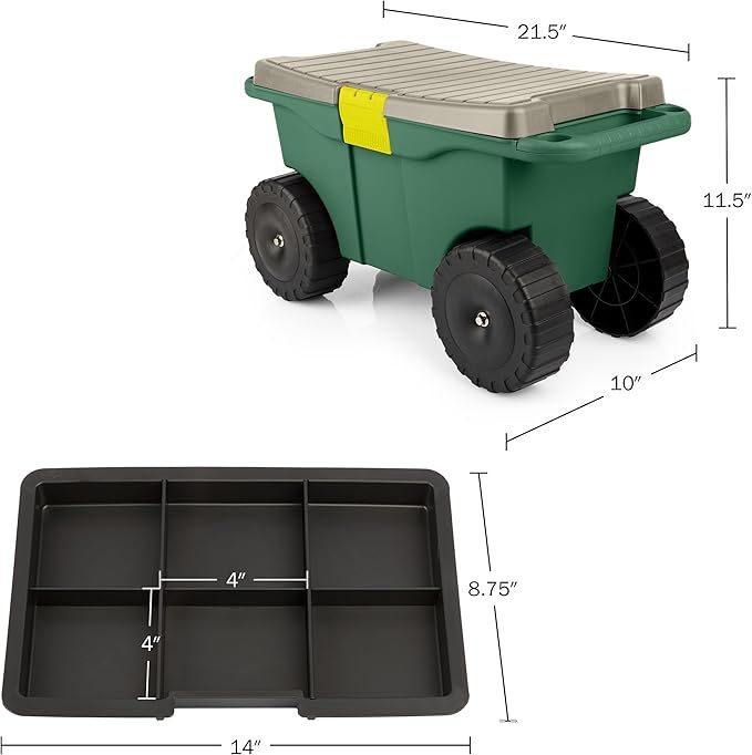 Pure Garden Rollbarer Gartenwagen mit Sitz, Kunststoff-Aufbewahrung mit Bank und Werkzeugablage im Inneren, Gartenhocker zum Jäten und Pflanzen (grün)