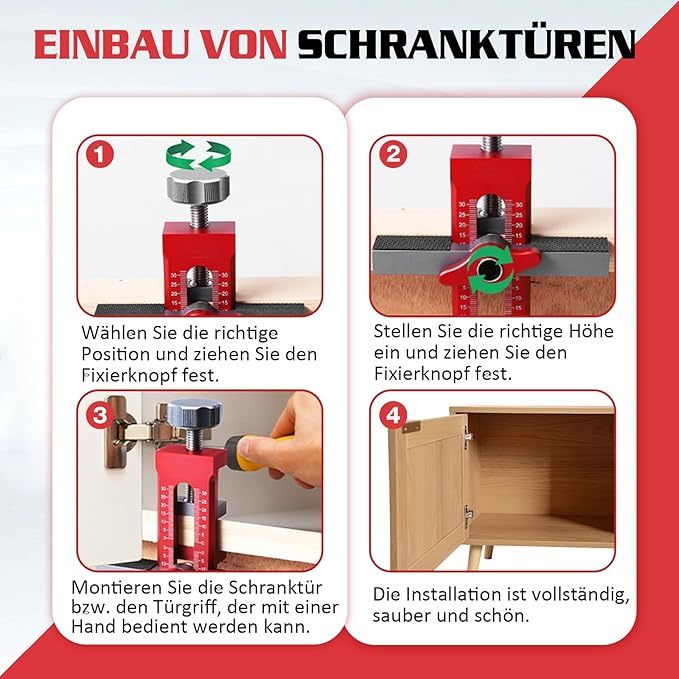 Einstellbarer Schrank Tür Installation Positioner, Topfband bohrschablone tür Mount Locator einstellbarer Länge, Cabinet Door Hardware Mounting Jig Positioning Tool den meisten Schranktüren (rot)