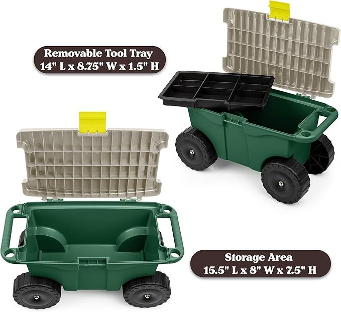 Pure Garden Rollbarer Gartenwagen mit Sitz, Kunststoff-Aufbewahrung mit Bank und Werkzeugablage im Inneren, Gartenhocker zum Jäten und Pflanzen (grün)