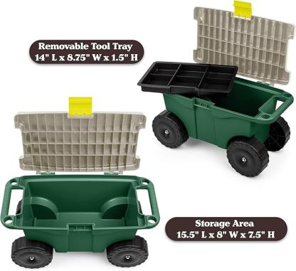 Pure Garden Rollbarer Gartenwagen mit Sitz, Kunststoff-Aufbewahrung mit Bank und Werkzeugablage im Inneren, Gartenhocker zum Jäten und Pflanzen (grün)
