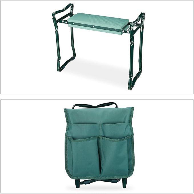 Relaxdays, grün Kniebank, weiches Kniekissen, 2 Taschen, klappbar, Kniehilfe Gartenarbeit, bis 150 kg, HBT 50x60x27,5cm, EVA, Gartenbank
