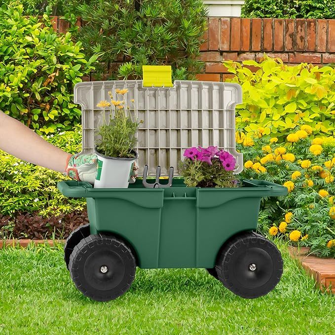 Pure Garden Rollbarer Gartenwagen mit Sitz, Kunststoff-Aufbewahrung mit Bank und Werkzeugablage im Inneren, Gartenhocker zum Jäten und Pflanzen (grün)