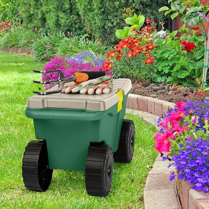 Pure Garden Rollbarer Gartenwagen mit Sitz, Kunststoff-Aufbewahrung mit Bank und Werkzeugablage im Inneren, Gartenhocker zum Jäten und Pflanzen (grün)