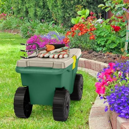 Pure Garden Rollbarer Gartenwagen mit Sitz, Kunststoff-Aufbewahrung mit Bank und Werkzeugablage im Inneren, Gartenhocker zum Jäten und Pflanzen (grün)