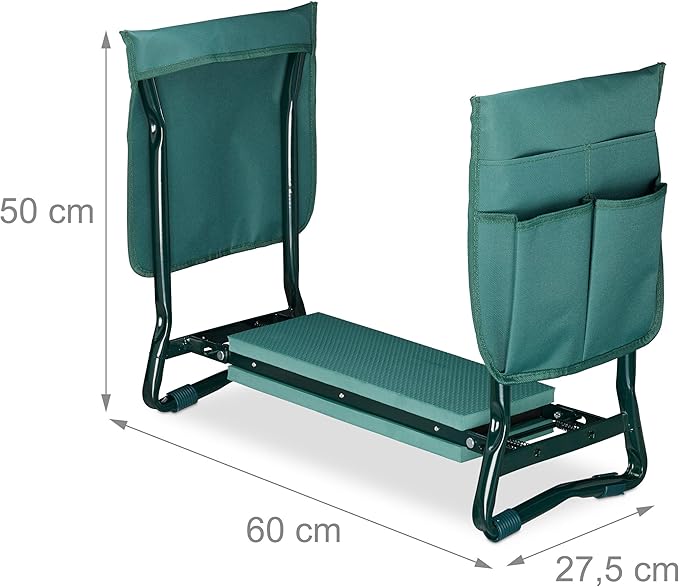 Relaxdays, grün Kniebank, weiches Kniekissen, 2 Taschen, klappbar, Kniehilfe Gartenarbeit, bis 150 kg, HBT 50x60x27,5cm, EVA, Gartenbank