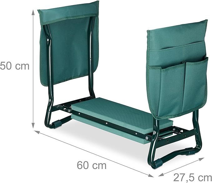 Relaxdays, grün Kniebank, weiches Kniekissen, 2 Taschen, klappbar, Kniehilfe Gartenarbeit, bis 150 kg, HBT 50x60x27,5cm, EVA, Gartenbank