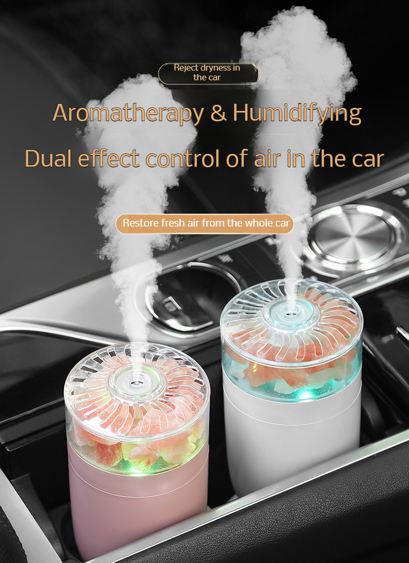 Mini car humidifier with colorful ambient light and wireless charging feature