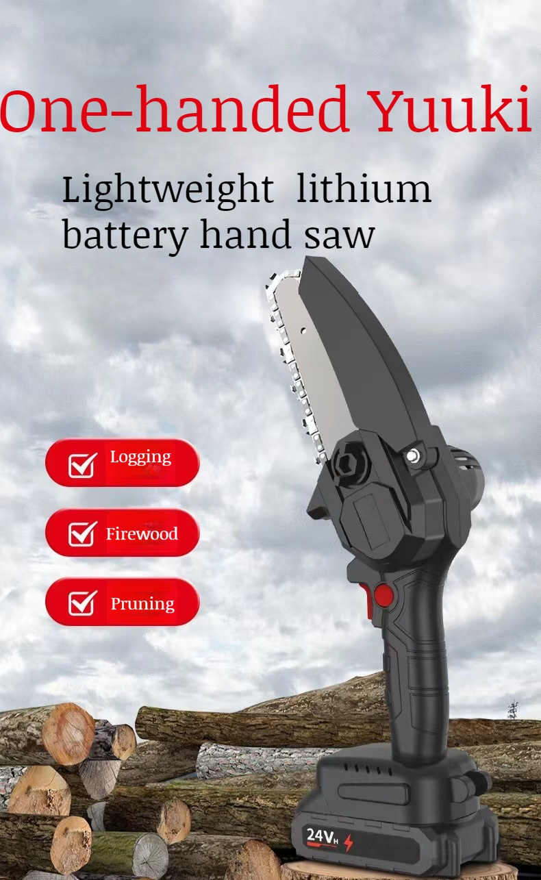 Outdoor portable lithium rechargeable handheld chainsaw in use