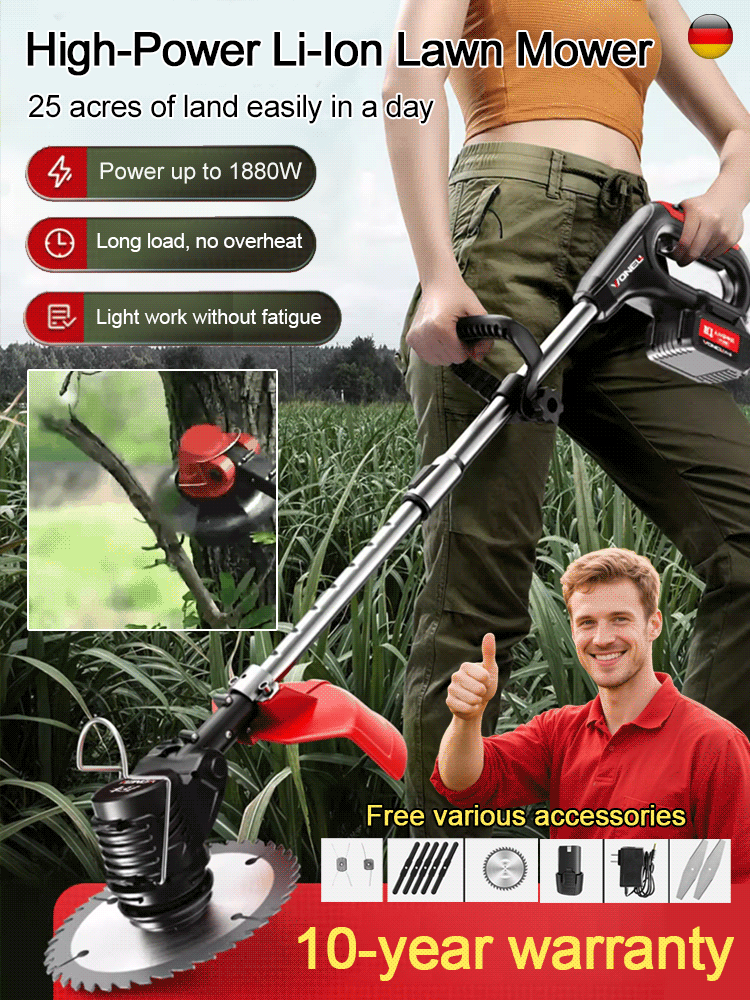 [10-Year Warranty] 1880W Ultra-Light Cordless Grass Trimmer 🌿 | Mows 200sqm in 10 Mins | Telescopic Pole No Bending | CE and TÜV Certified