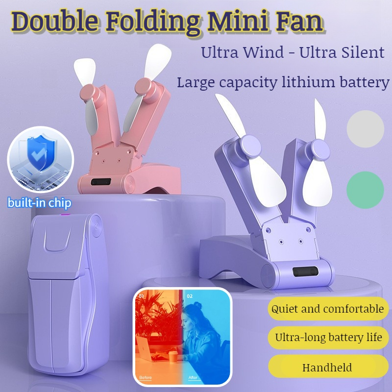 High wind power portable folding double head fan outdoor mini fan handheld mute high wind power fan