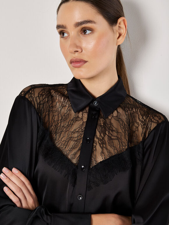 Lace Insert Oversized Satin Shirt
