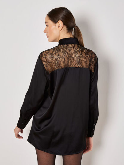 Lace Insert Oversized Satin Shirt
