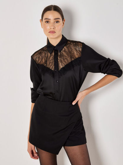 Lace Insert Oversized Satin Shirt