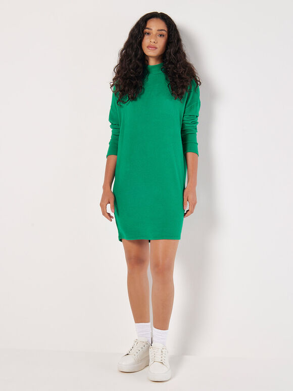 A soft green-textured, pod-shaped mini knitted dress