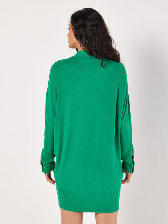 A soft green-textured, pod-shaped mini knitted dress