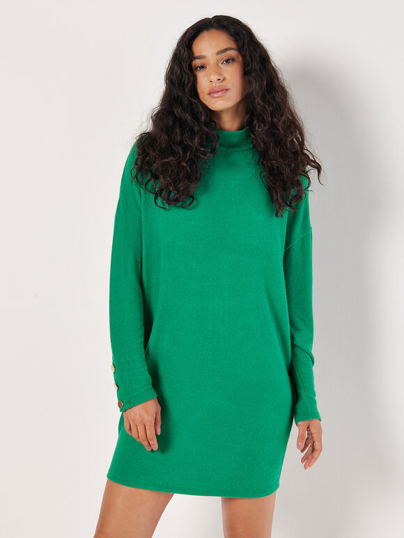 A soft green-textured, pod-shaped mini knitted dress