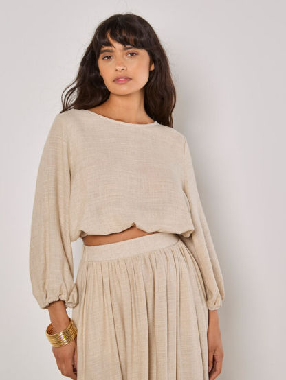 Linen Blend Bubble Hem Crop Top