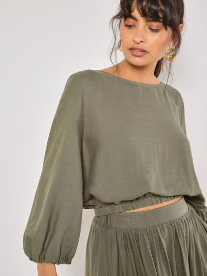 Linen Blend Bubble Hem Crop Top