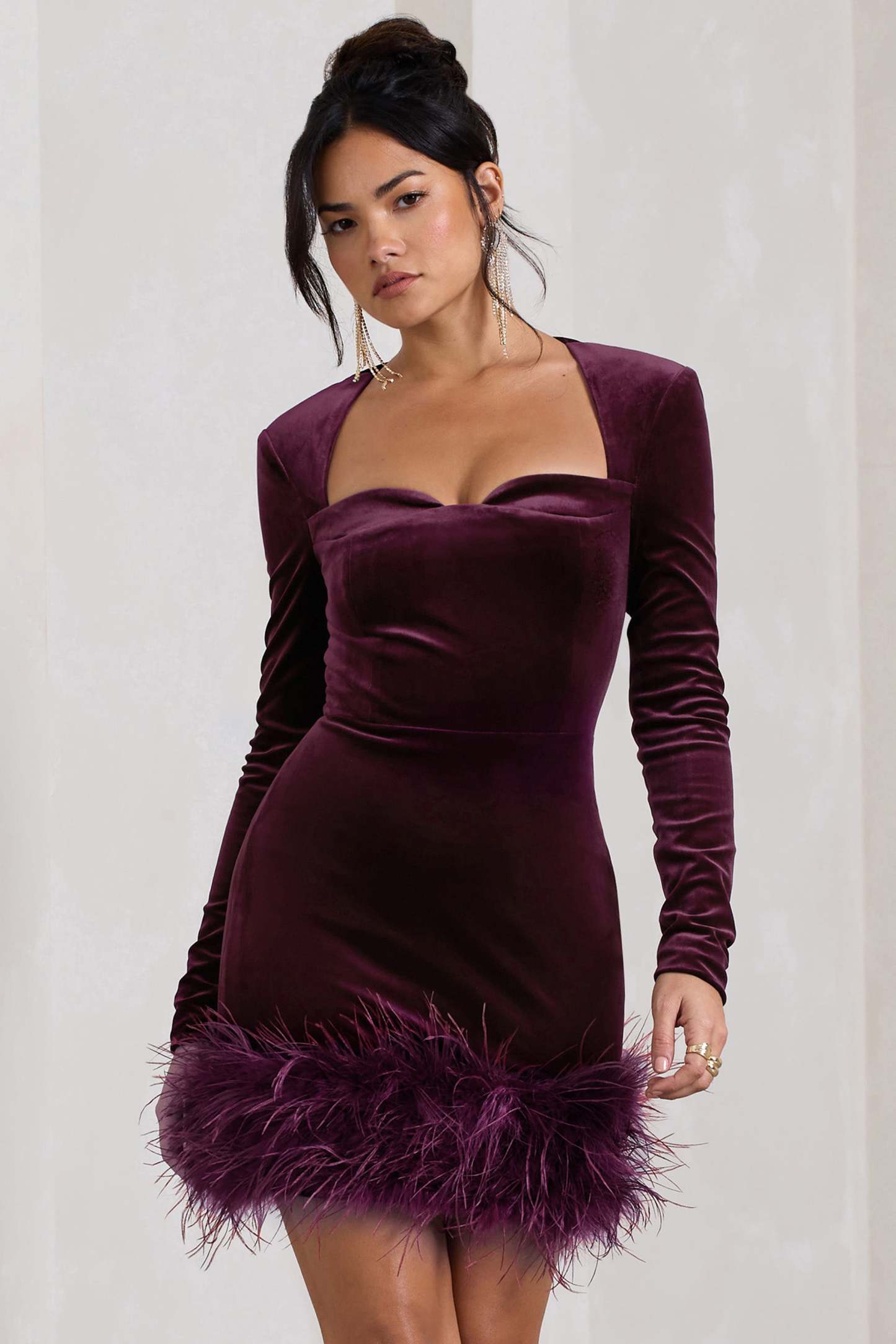 Port Velvet Long-Sleeved Feather Mini Dress