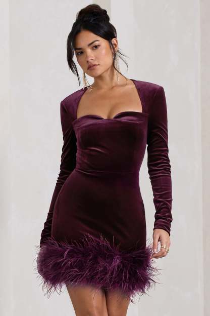 Port Velvet Long-Sleeved Feather Mini Dress
