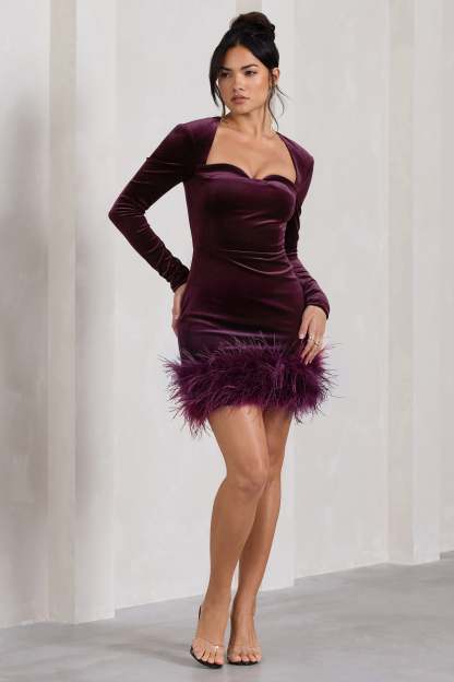 Port Velvet Long-Sleeved Feather Mini Dress