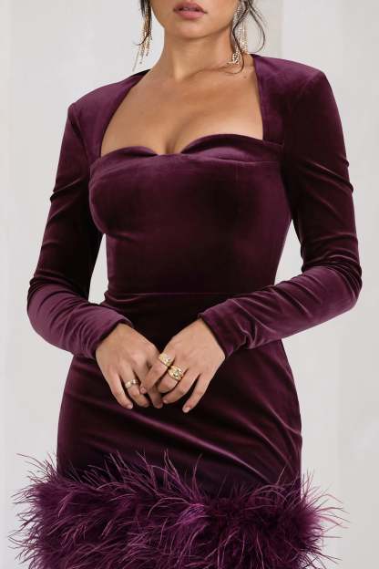 Port Velvet Long-Sleeved Feather Mini Dress