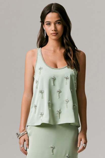 Mint Satin Scoop-Neck Embellished Top