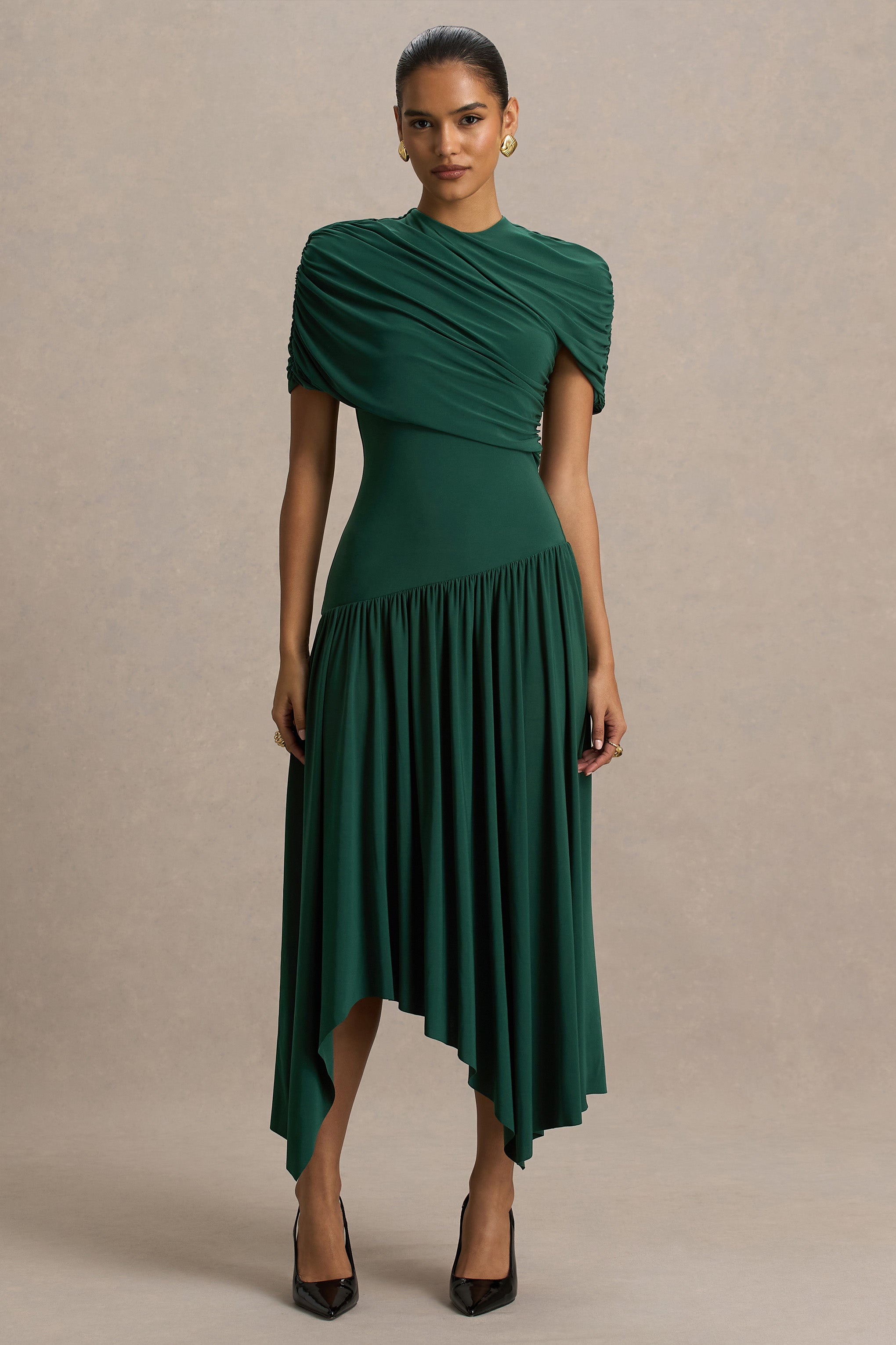 Teal Wrapped Midi Dress With Hanky Hem