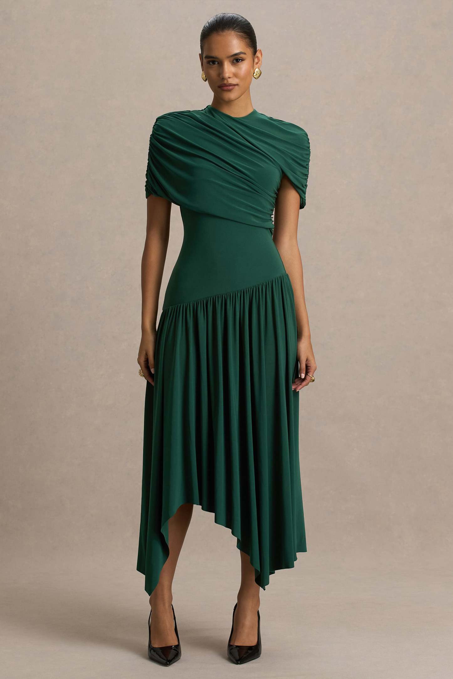 Teal Wrapped Midi Dress With Hanky Hem