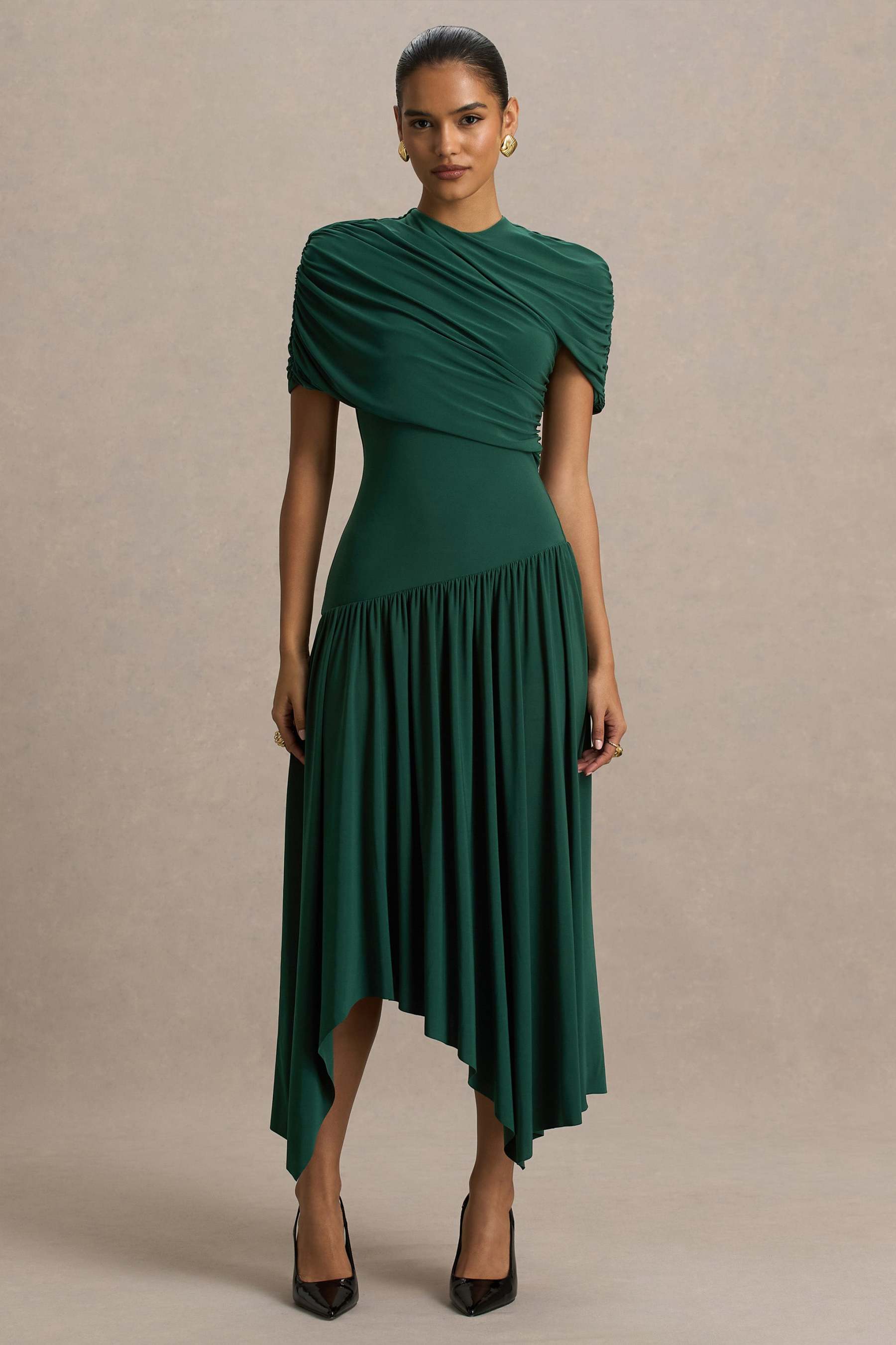 Teal Wrapped Midi Dress With Hanky Hem