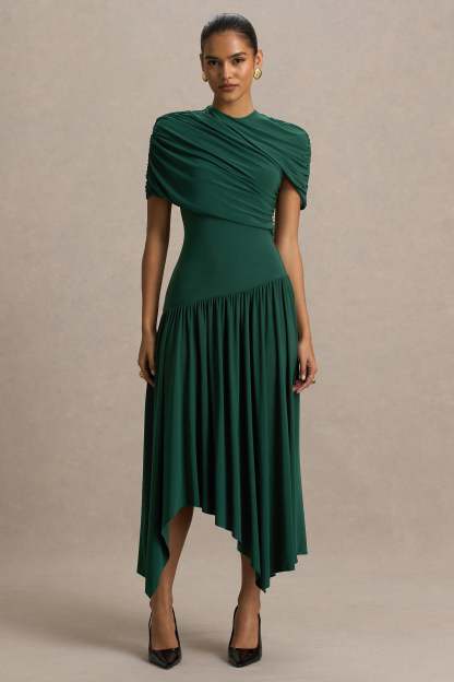 Teal Wrapped Midi Dress With Hanky Hem