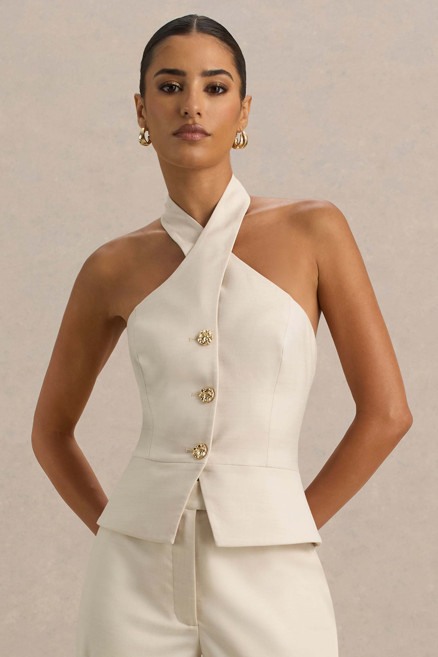 Nude Halter-Neck Tailored Top